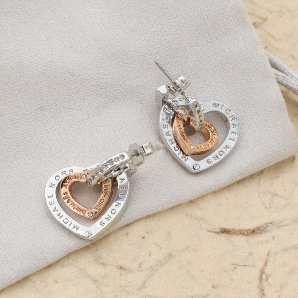 Michael Kors Interlocking Silver Rose Gold Heart Earrings Elegant - Picture 2 of 2